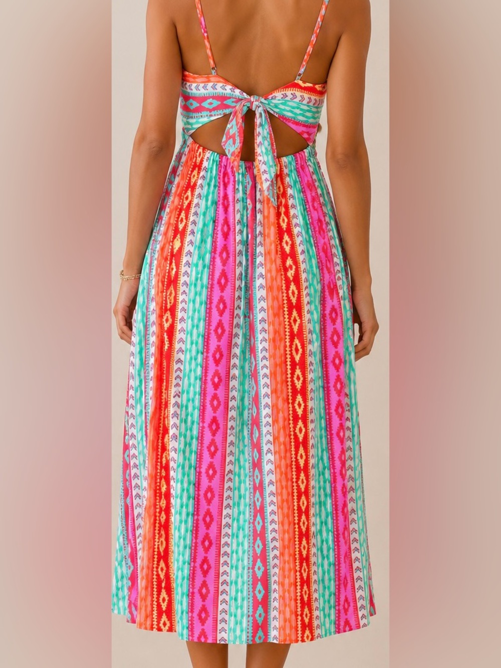 POPVIL Boho Tie Back Midi Dress Red Teal Aztec Print NWT sz L - Picture 2 of 4